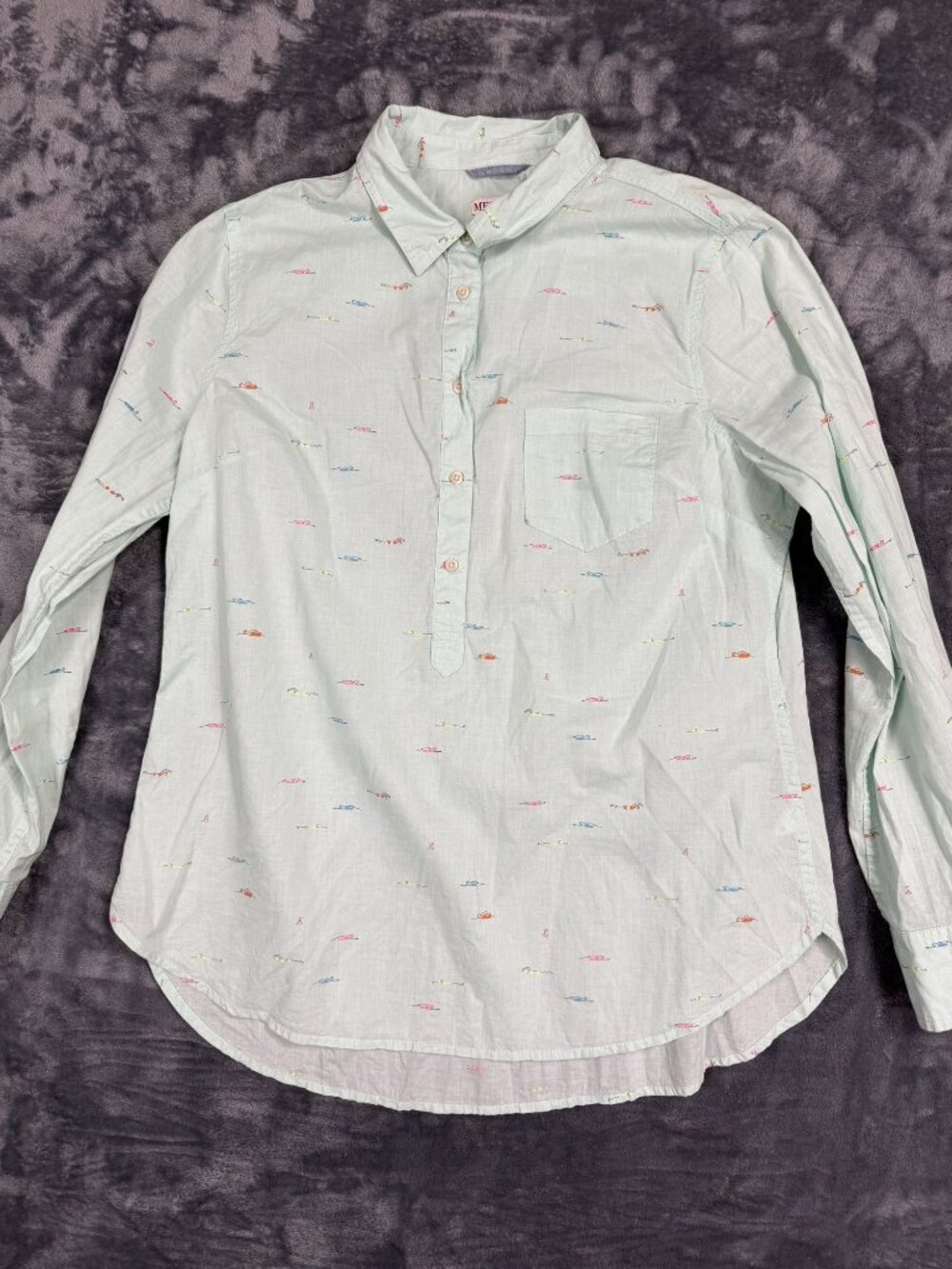 Merona Mint Green Button-Front Shirt With Swimmer Print Cotton Womens Size L
